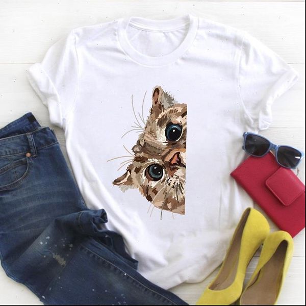 

women cat pet cartoon kawaii clothing 90s print ladies summer t tee female shirt tshirt womens graphic t shirt, White