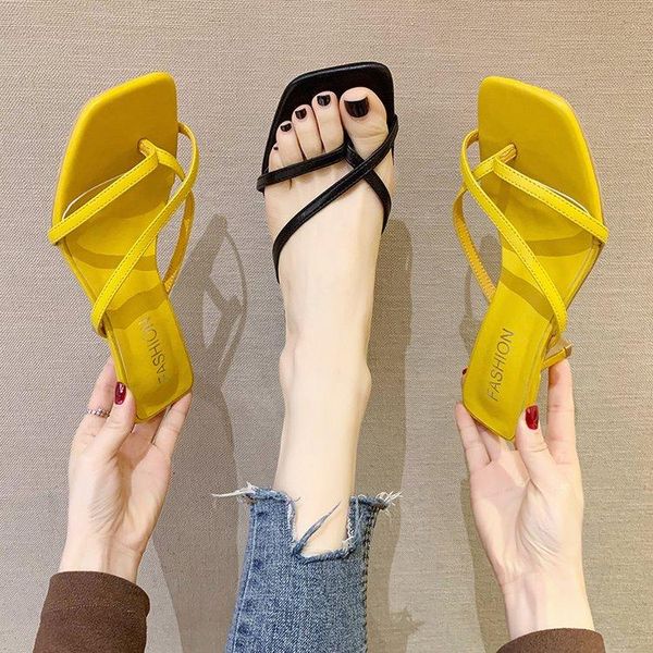 

slippers korean version of the sandals women summer high-heeled herringbone black stiletto flip-flops women's shoes