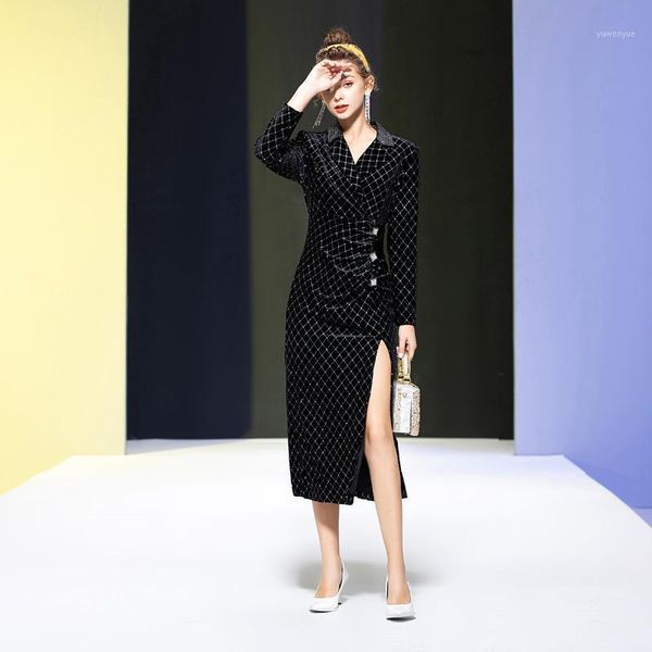

casual dresses runway fashion spring autumn vintage elegant chic diamond button plaid stitching velvet women's long dress, Black;gray