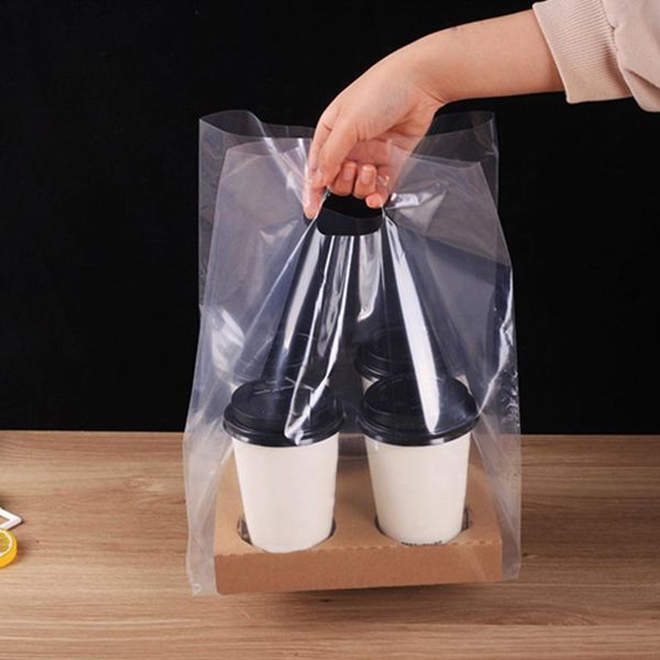 

hanging baskets 50pcs portable thicken non toxic with 2 cup holders beverage packaging coffee drinks snacks milk tea takeout bag pe transpar