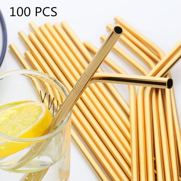 

drinking straws 100pcs/set metal straw reusable gold wholesale stainless steel tubes 215mm straight bent for drink
