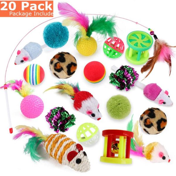 

cat toys pet 20 pcs/set play furry mice balls feather teaser wand bell catnip