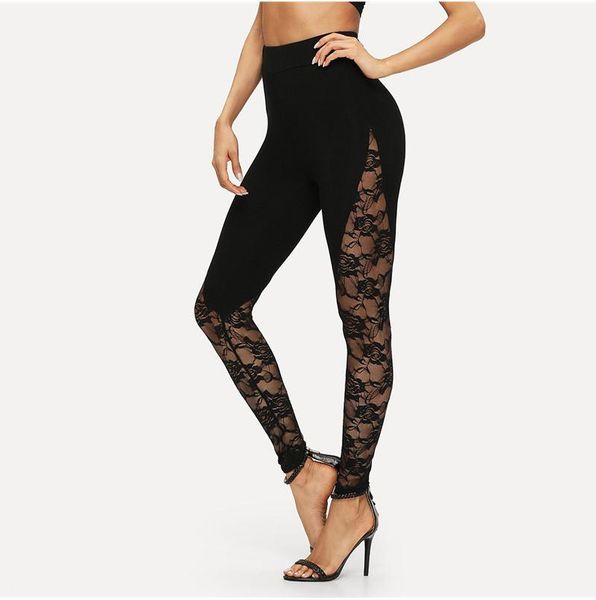 

women's leggings high waist black lace ladies floral side panel cut out plus size s m l 2xl