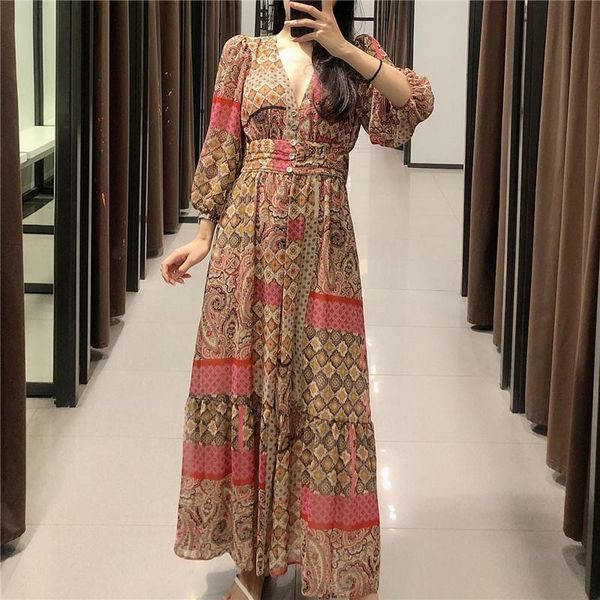 

casual dresses women 2021 fashion clothing paisley print chiffon dress deep v-neck long sleeve vintage ladies maxi, Black;gray