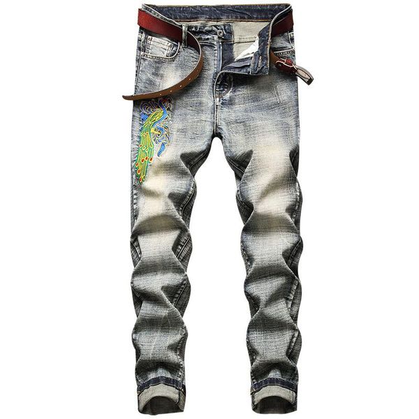 

men's jeans phoenix embroidery vinatge men fashion casual patch stretch slim cotton denim pants #331, Blue