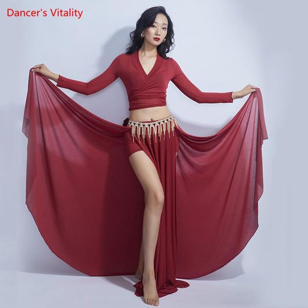 

stage wear belly dance female temperament long sleeve practice clothes suit oriental dancing big swing skirt performance clothing, Black;red