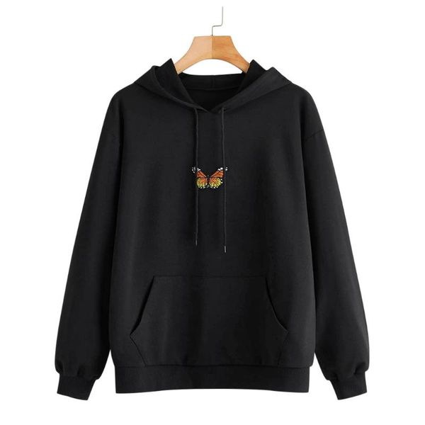 

women's hoodies & sweatshirts sweatshirt women butterfly long sleeve pocket pullover hoodie tunic 90s hip hop sudaderas clothes, Black