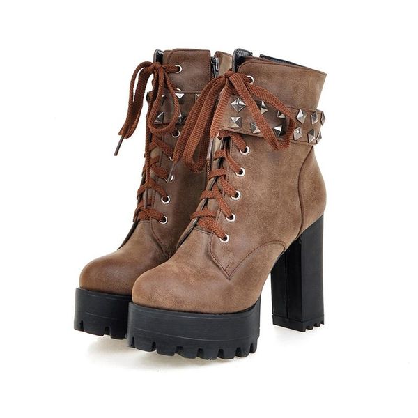 

boots rivet women's ankle fashion punk high heels platform motorcycle ladies lace-up brown grey autumn winter, Black