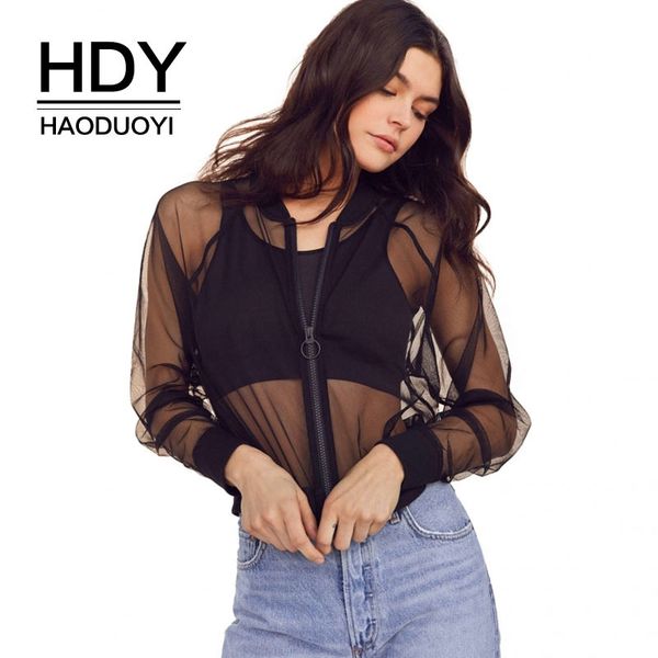 

hdy haoduoyi women black sheer mesh coat fashion zipper front basic coat jacket slim fit coats female bomber coat outwear q1109, Black;brown