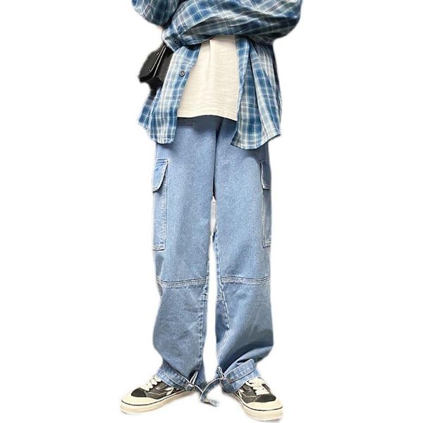 

men's jeans men youth cargo korea style wide leg denim pants loose straight baggy streetwear skateboard hip hop trousers blue