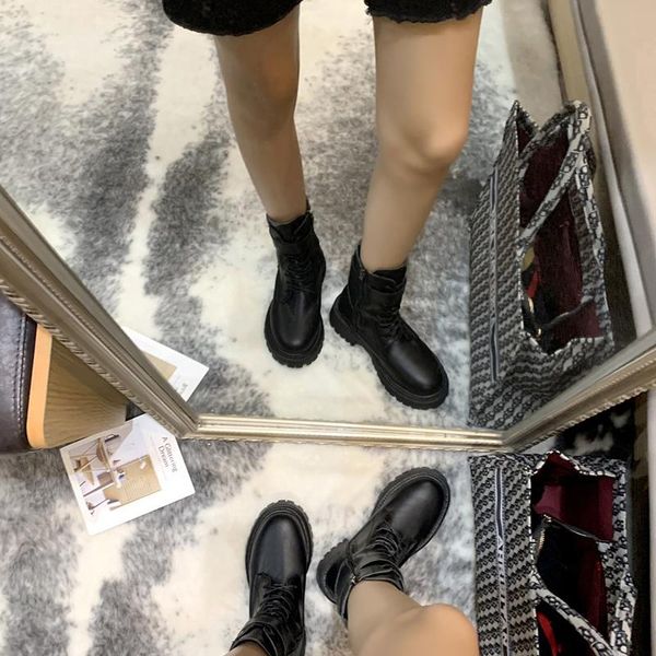 

boots drop fashion motorcycle shoes winter zipper lace up women's platform pu leather autumn ankle woman non-slip, Black