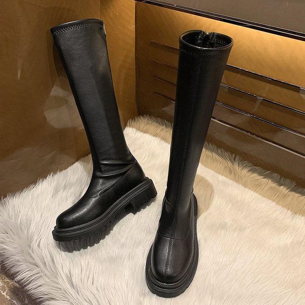 

boots plush warm knee high women 2021 autumn winter platform gothic shoes ladies back zipper black leather punk long