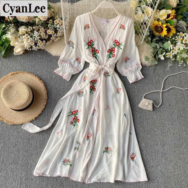 

casual dresses dress women sweet floral embroidered v-neck lantern sleeve ladies slim with belt bandage long robe beach vestido, Black;gray