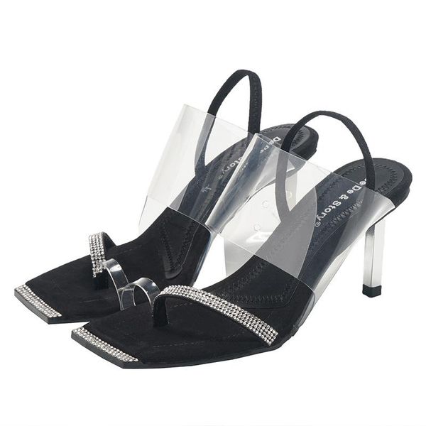 

sandals summer women crystal high heels shoes female square toe transparent flip flops ladies concise casual, Black