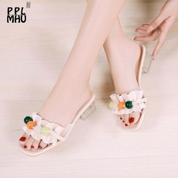 

slippers clear crystal string bead 2021fashion open toes casual women sandals elegant comfort non-slip summer high heels slides, Black