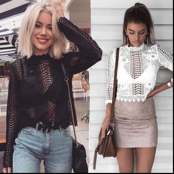 

summer womens ladies long sleeve shirt casual lace blouse loose clothes fashion appliques floral lace clothing, White