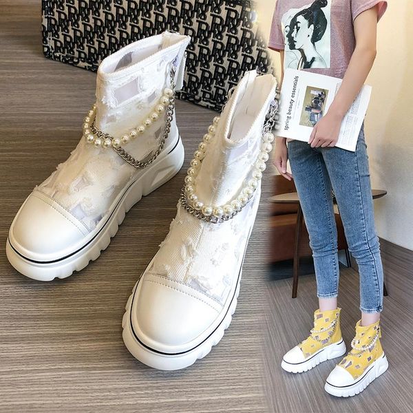 

boots 2021 summer women hollow breathable platform thick sole short female high casual increased sneakers, Black