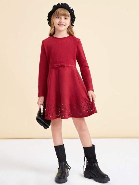 

girls laser cut bow front dress she, Red;yellow