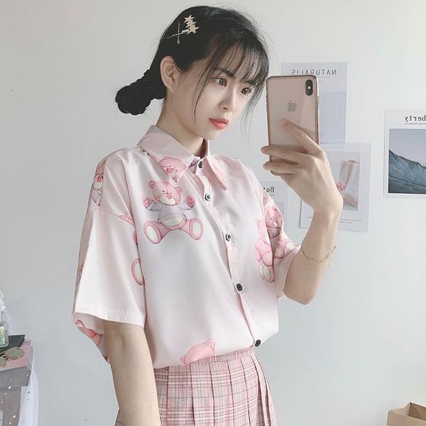 

2021 deeptown kawaii moda impresso boto acima da camisa rosa solto casual bonito elegante manga curta blusa feminina b8oc, White