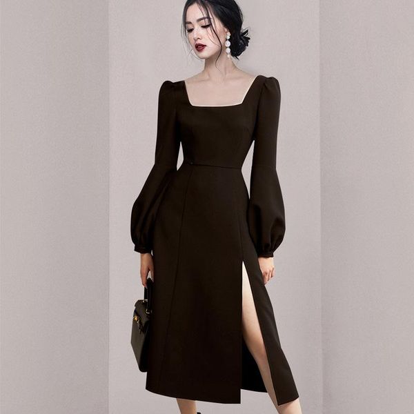 

casual dresses ladies dress slim temperament square neck lantern sleeve split a-line skirt vintage vibes black un vestido, Black;gray
