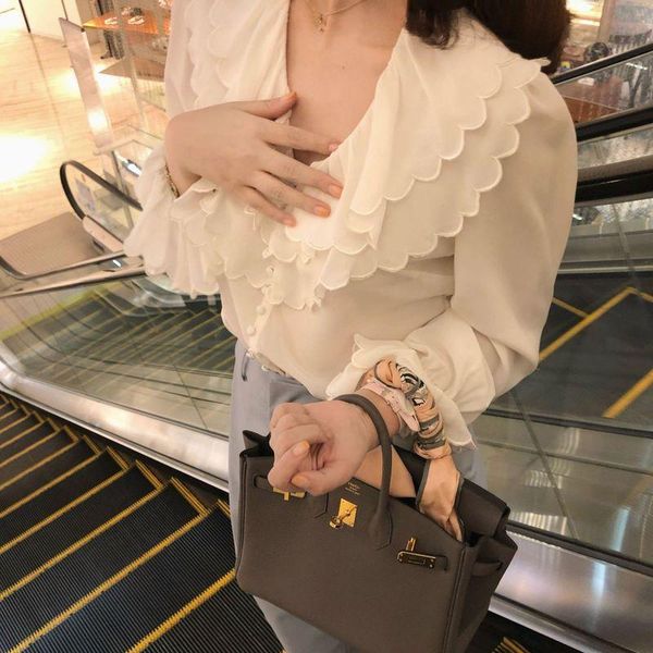 

women's blouses & shirts think of] big sister hazy weather only beautiful embroidery double lotus leaf long sleeve, White