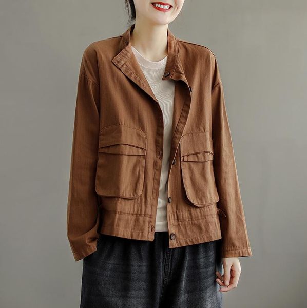 

women's jackets autumn women retro loose all-match 2021 coat cardigan button pocket casual female, Black;brown