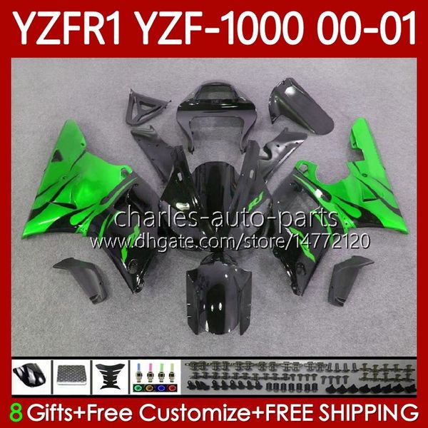 Fairings OEM para Yamaha YZF-R1 YZF1000 YZF R1 1000 CC YZFR1 00 01 02 03 TRABALHO GREEN FLAMES 83NO.88 YZF R1 1000CC 2000 2001 2002 2003 YZF-1000 00-03 Kit de corpo da motocicleta