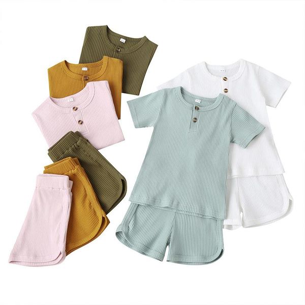 

2021 baby summer clothing infant baby girl boy short sleeve t-shirt+short pants ribbed solid outfits, White