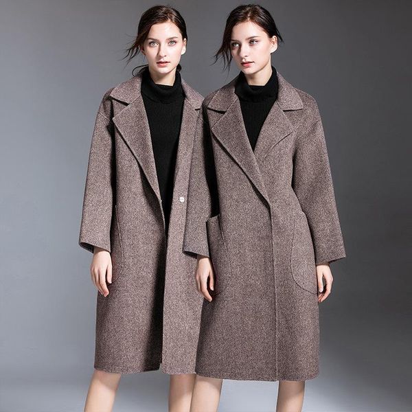 

women's wool & blends fashion plaid woolen coat women 2021 autumn and winter long double-sided cashmere double-faced loose trench 19801, Black