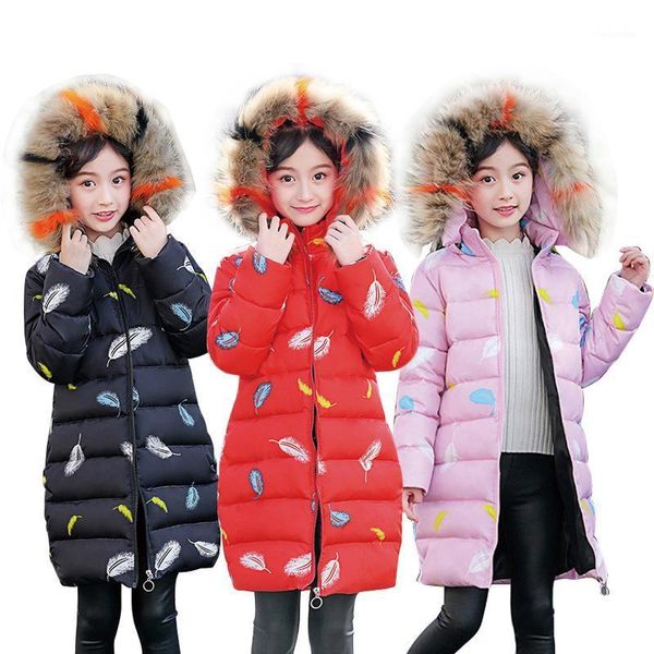 

down coat girls winter thick mid-length pure cotton jacket print big fur collar high waist warm jacket1, Blue;gray