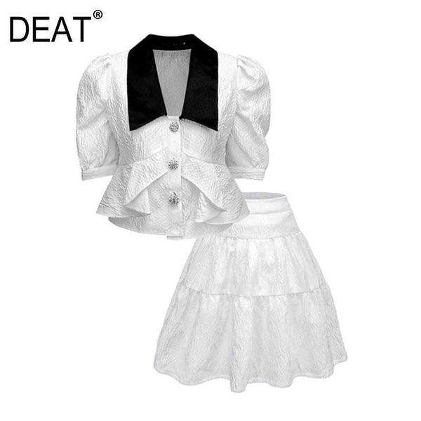 

[deat] summer fashion short sleeve splicing turn-down collar shirt high waist skirts women two-piece suit 13c829 210527, White