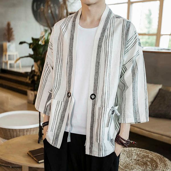 

men's jackets summer stripe patchwork kimono streetwear windbreaker ribbons cardigan cotton linen jacket open stitch coat male xf9w ee0, Black;brown