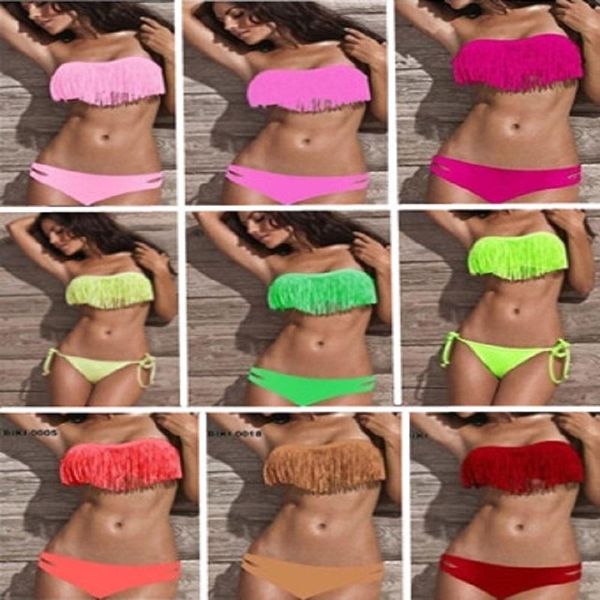 

kophia 2021 bikinis tassel swimwear bikini set strapless bathing suits swimsuit multicolor women swimwear, White;black