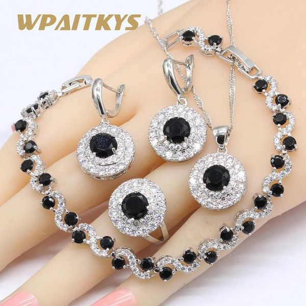 

wedding jewelry sets 925 silver bridal women black white cubic zirconia necklace pendant earrings bracelets rings gift box, Slivery;golden