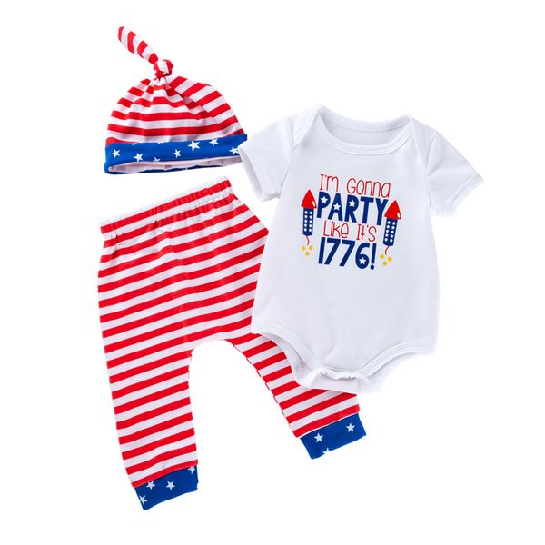Giorno dell'indipendenza americana Baby bandiera americana stampa abiti lettera top pantaloni a righe + cappello 3 pezzi / set set di abbigliamento per bambini M3327
