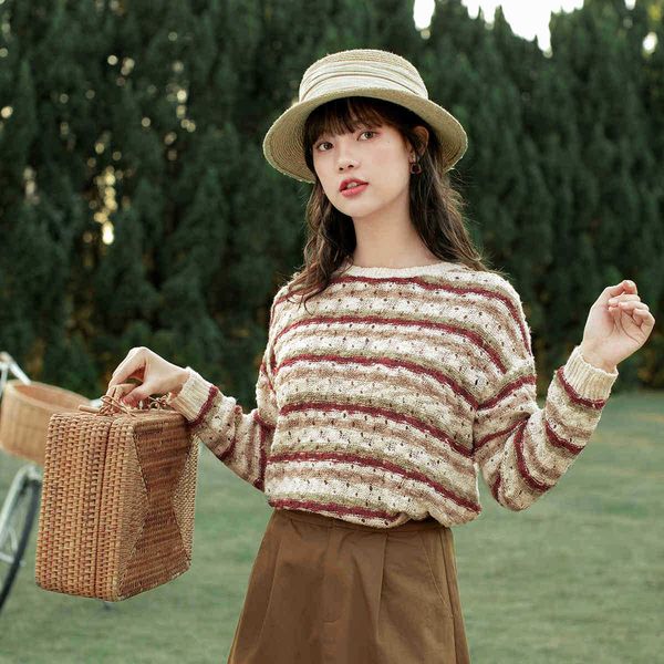 

women's sweaters sweater spring arrival retro art hollow weave contrast color stripe pullover loose thin sweater hb1o, White;black