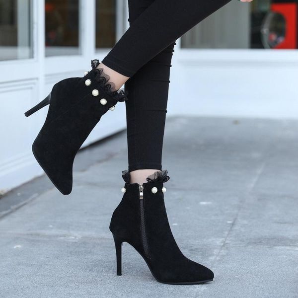 

boots 2021 shoes women fashion ankle winter pointed toe pearl short booties casual thin heels ladies, Black