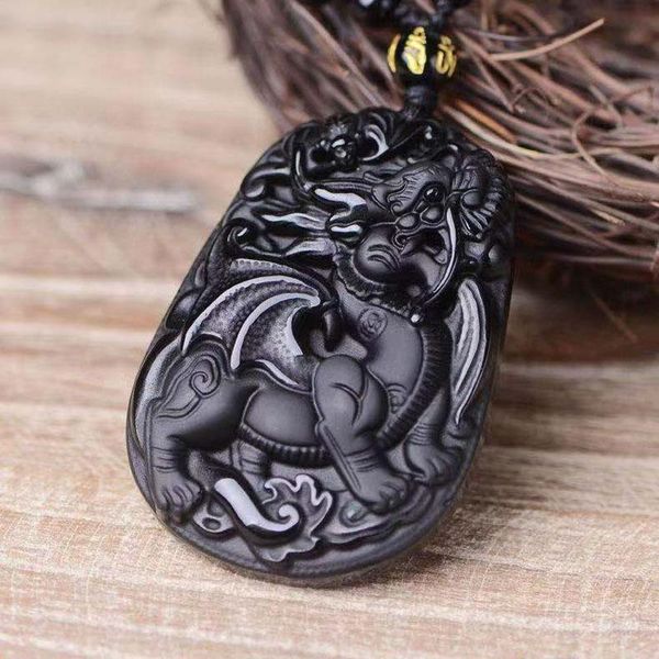 

pendant necklaces pixiu obsidian beads necklace wealth good luck 52cm feng shui long natural stone charm drop, Silver