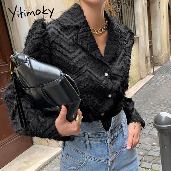 

women's blouses & shirts yitimoky vintage long sleeve women fashion 2021 office lady notched tassel woven shirt korean clothing, White
