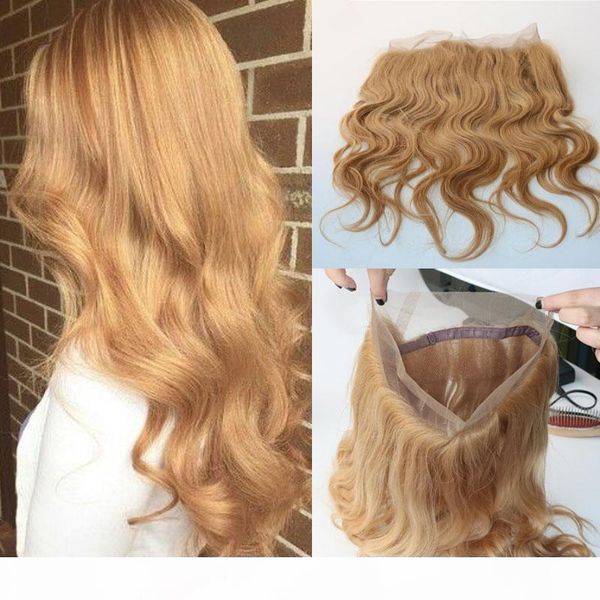 

honey blonde 27# 360 band full lace frontal 22.5*4*2 brazilian virgin hair 360 degree lace frontal closures swiss lace body wave, Black