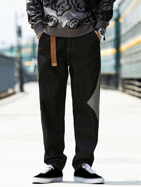 

men stitching patched pocket tapered jeans without belt m6lc#, Blue