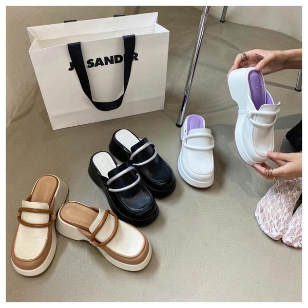 

slippers 2021 brand women fashion chunky platform sandals ladies med heels mules casual slides female british style loafer shoes, Black