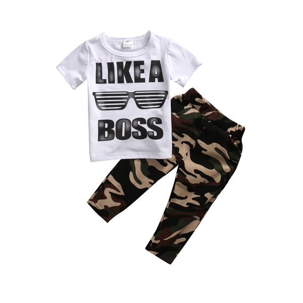 

newborn infant baby boys summer sets 2pcs fashion casual short sleeve letter white t-shirts camouflage print pants 1-5y