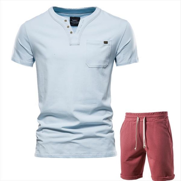 

aiopeson casual sets men tracksuit solid color summer t shirts shorts two piece v neck short sleeve clothing, Gray