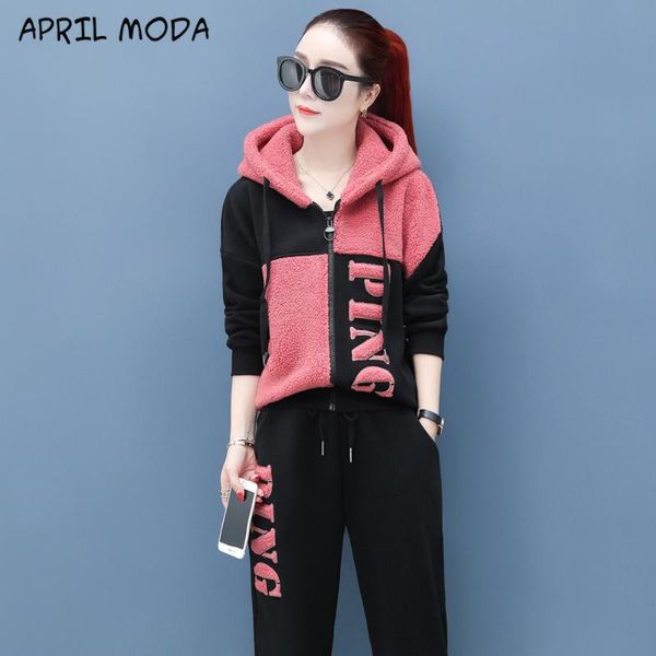 

women tracksuit 2021 winter women 2 piece set velvet thickening patchwork hoodies + pants sporting suits quality fashion new, White