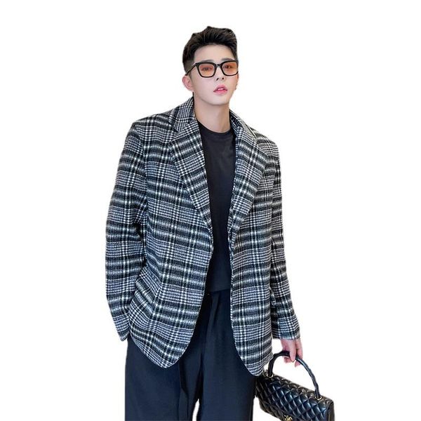 

men's suits & blazers 2pcs sets jacket and vest men plaid woolen short coat blazer korean streetwear fashion loose casual suit, White;black