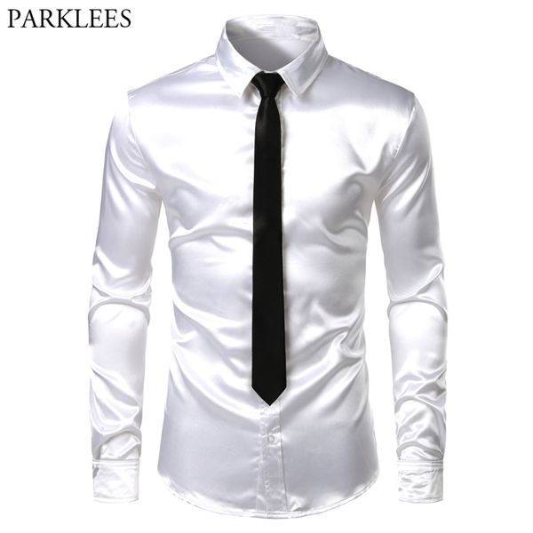 

men's 2 pieces (shirt+tie) white silk satin dress shirts slim fit long sleeve button down shirt male wedding party prom chemise 210708, White;black