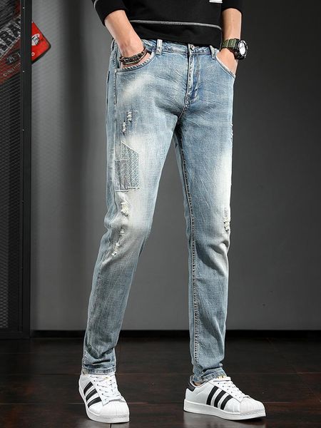 

men fashion blue ripped patch jeans streetwear cotton straight denim pants