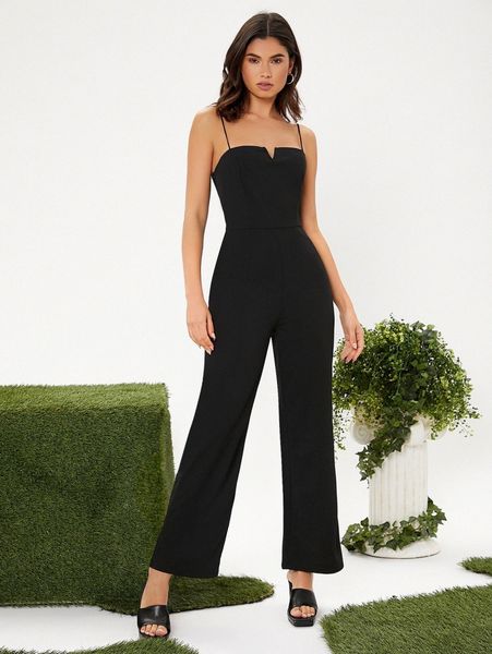 

solid spaghetti strap jumpsuit f5ts#, White