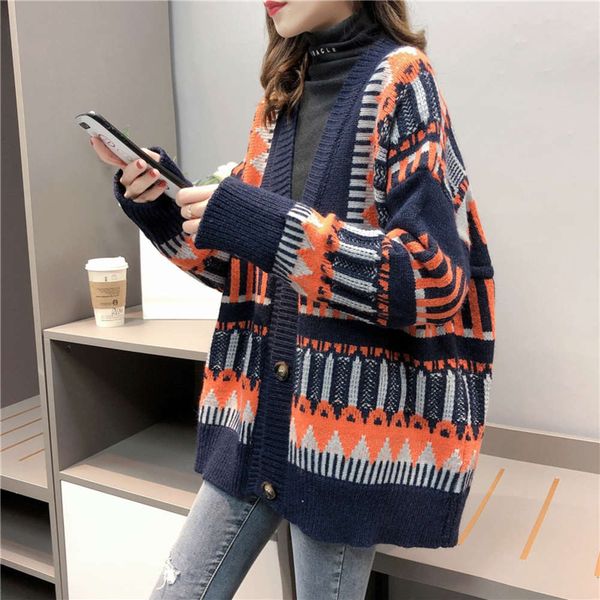 

hong kong style sweater coat women's autumn and winter 2020 color contrast v-neck versatile long sleeve lazy wind knitted cardigan new, White;black
